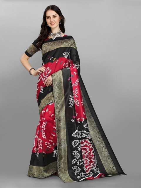 

Fashionuma Black & Red Floral Art Silk Saree