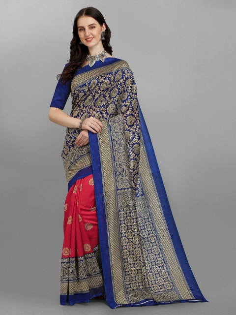 

Fashionuma Navy Blue & Red Woven Design Silk Blend Half and Half Saree