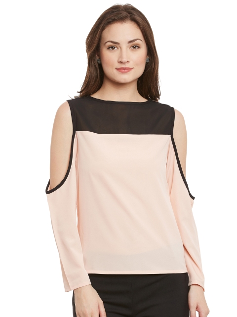 

Popnetic Women Peach-Coloured Crepe Loose Fit Cold Shoulder Top