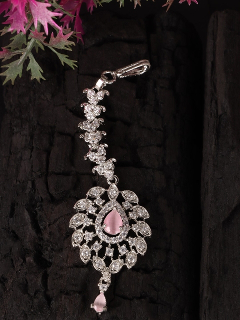 

JEWELS GEHNA Silver-Plated Pink American Diamond Diamond Studded Maangtika