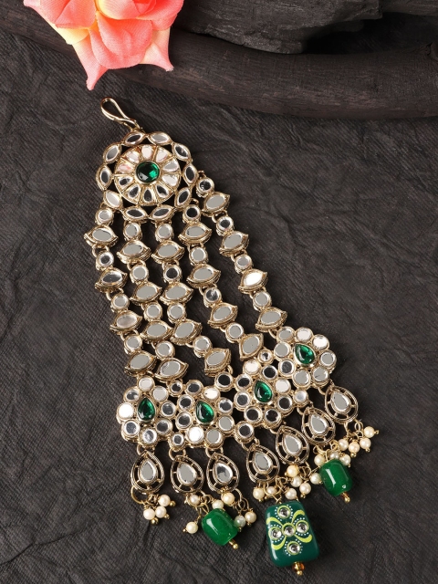 

JEWELS GEHNA Gold Plated Green & White Kundan-Studded & Beaded Jhumar