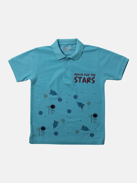 

GOJI Boys Sea Green Printed Polo Collar Applique T-shirt