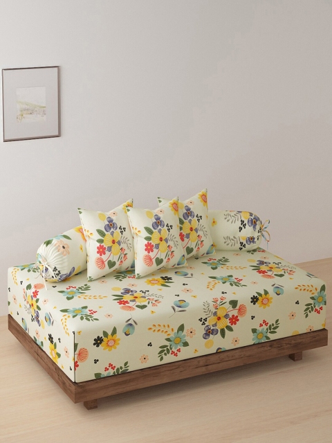 

KLOTTHE 6 Pcs Yellow & Blue Printed Bedsheet With Bolster & Cushion Covers