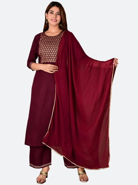 

KALINI Women Maroon Pleated Kurti with Palazzos & With Dupatta