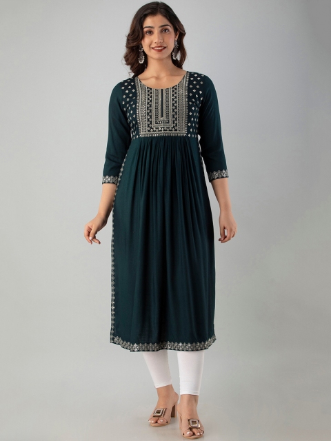 

CKM Women Teal Flared Sleeves Thread Work Anarkali Kurta