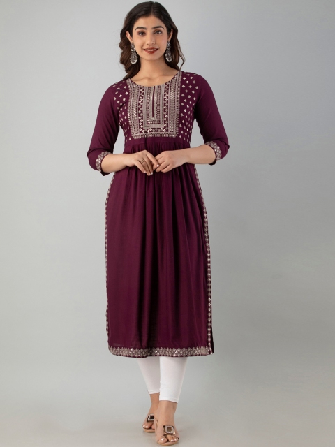 

CKM Women Violet Geometric Yoke Design Keyhole Neck Thread Work Kurta