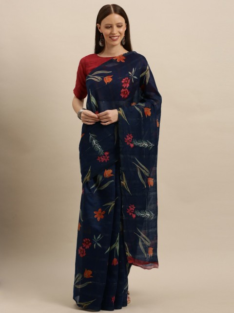 

SHAVYA Navy Blue & Red Floral Zari Pure Linen Patola Saree