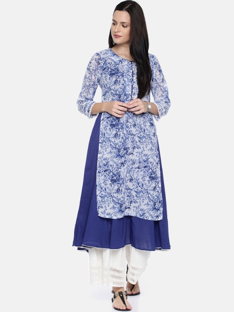 

Biba Women Blue & White Floral Printed Layered A-Line Kurta