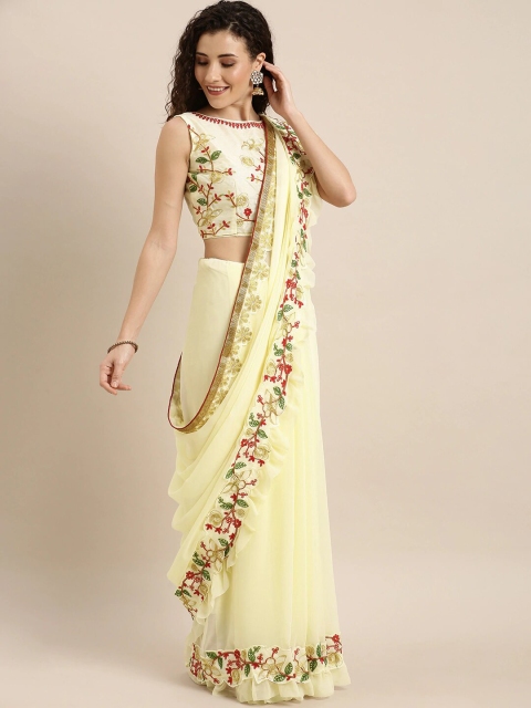 

SHAVYA Cream-Coloured & Green Embellished Sequinned Pure Georgette Saree