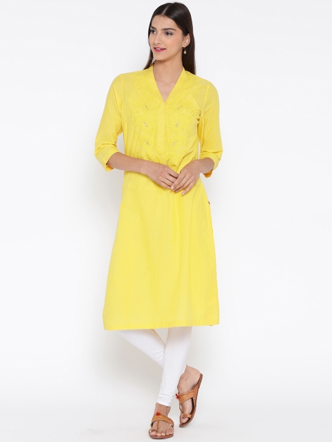 

Biba Women Yellow Chikankari Embroidered Detail Straight Kurta