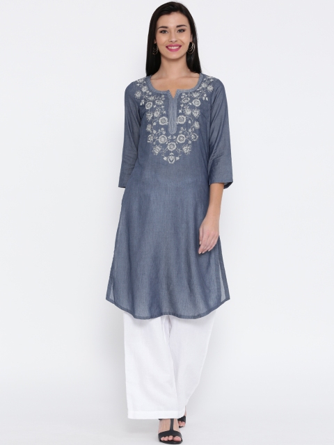 

Biba Women Blue Embroidered Straight Kurta