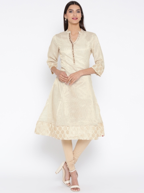 

Biba Women Off-White & Golden Striped A-Line Kurta
