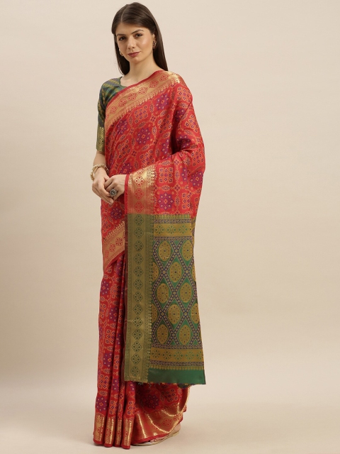 

SHAVYA Red & Green Woven Design Kantha Work Pure Silk Heavy Work Patola Saree