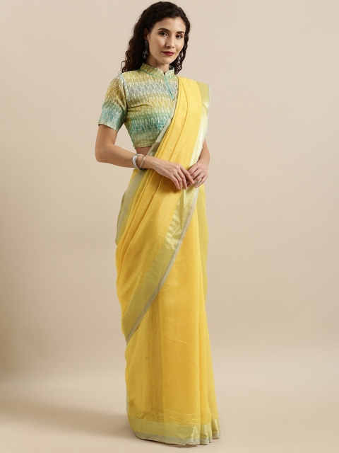 

SHAVYA Yellow & Blue Zari Pure Linen Ready to Wear Saree