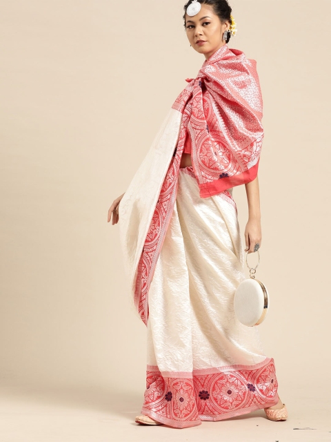 

SHAVYA Off White & Pink Woven Design Zari Silk Blend Banarasi Saree