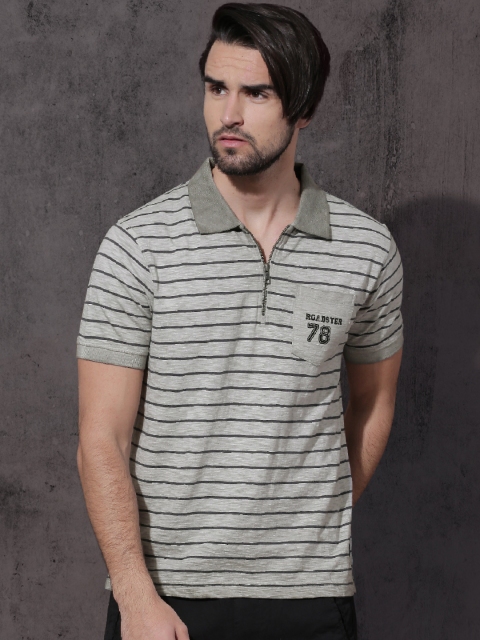 

Roadster Men Grey Striped Polo Collar T-shirt