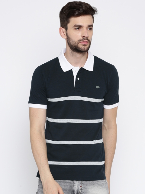 

Roadster Men Navy Blue & White Striped Polo Collar T-shirt