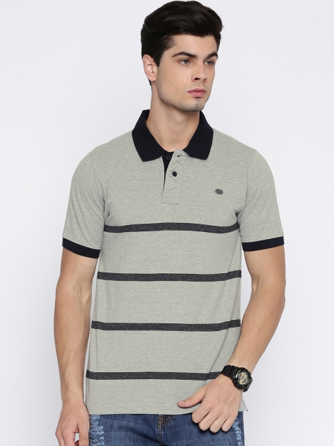 

Roadster Men Grey & Navy Blue Striped Polo Collar T-shirt