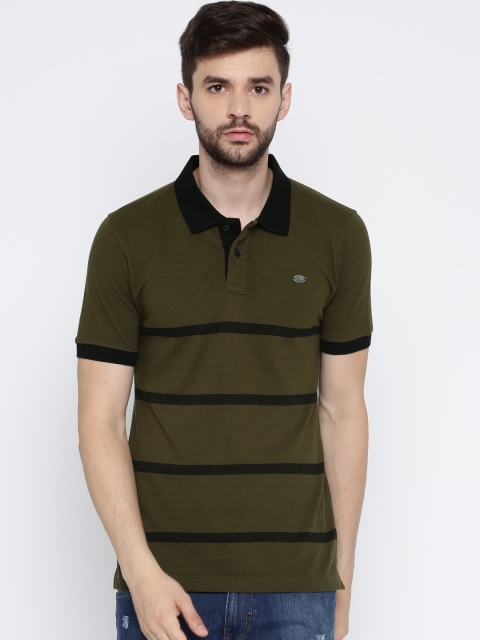 

Roadster Men Olive Green & Black Striped Polo Collar T-shirt