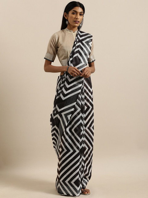 

SHAVYA Black & White Zari Pure Linen Ready to Wear Saree