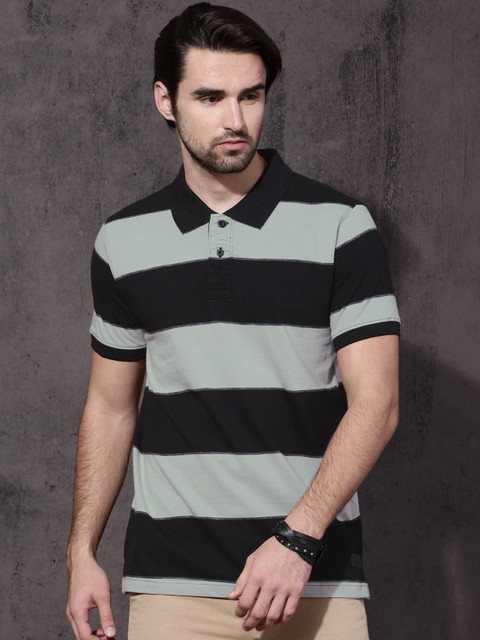 

Roadster Men Black & Grey Striped Polo Collar T-shirt