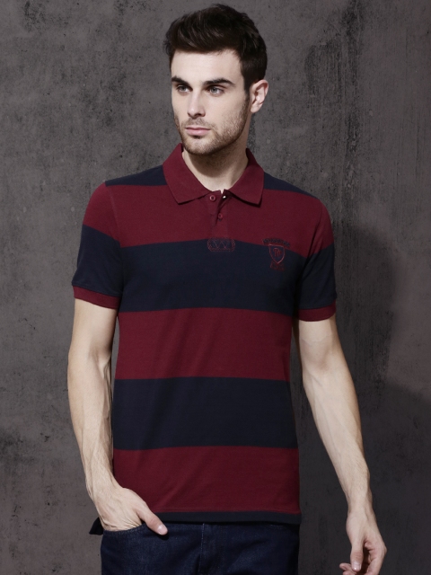 

Roadster Men Navy Blue & Maroon Striped Polo Collar T-shirt