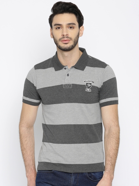 

Roadster Men Grey Striped Polo Collar T-shirt