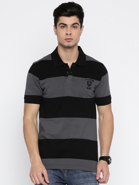 

Roadster Men Charcoal Grey & Black Striped Polo Collar T-shirt