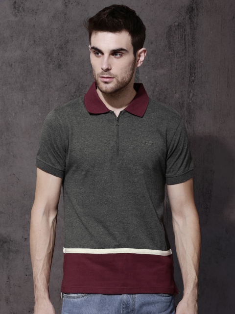 

Roadster Men Charcoal Grey & Maroon Colourblocked Polo Collar T-shirt