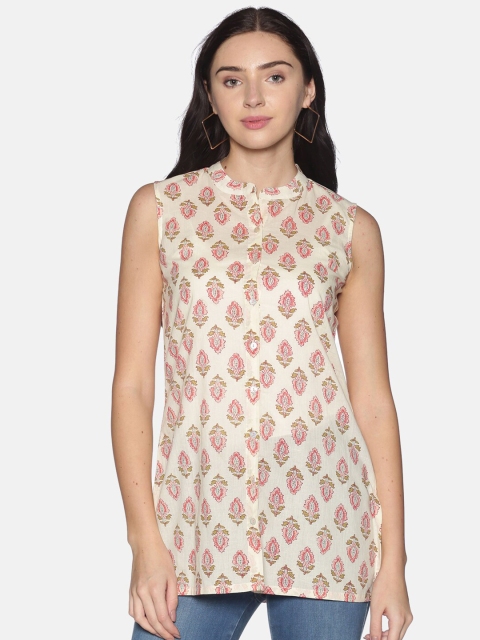 

Saffron Threads Cream Ethnic Motifs Printed Mandarin Collar Tunic