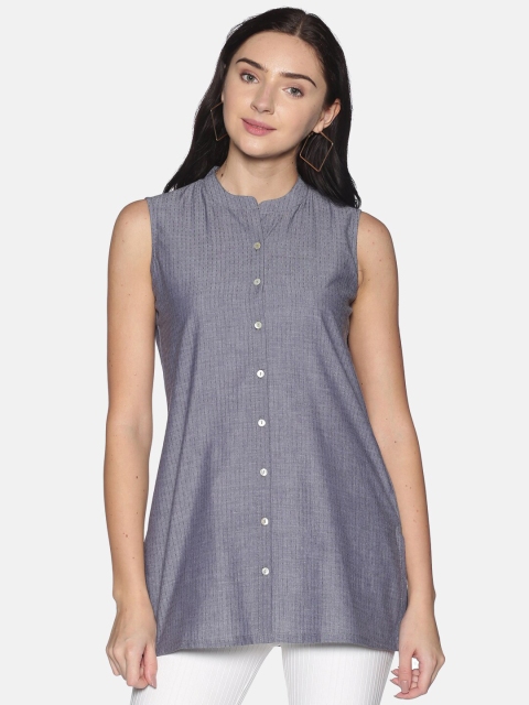 

Saffron Threads Grey Self Design Dobby Mandarin Collar Tunic