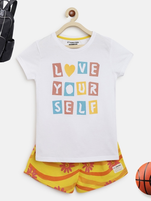 

Lil Tomatoes Girls White & Yellow Printed Night suit