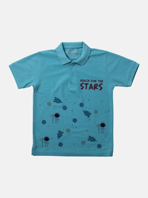 

GOJI Boys Sea Green Printed Polo Collar Applique T-shirt