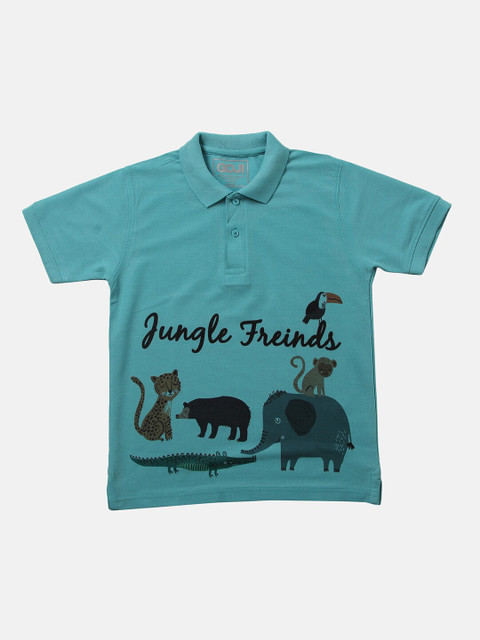 

GOJI Boys Sea Green Typography Printed Polo Collar Applique T-shirt