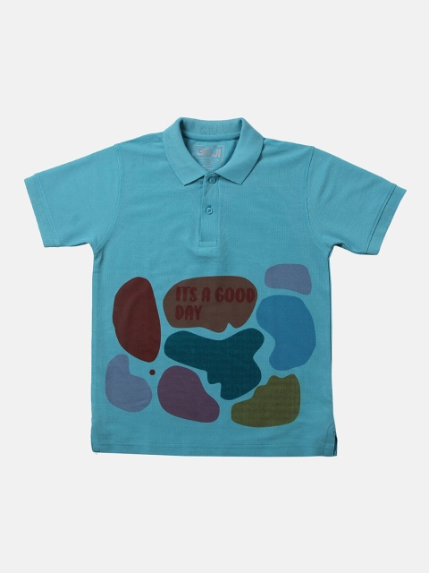 

GOJI Boys Sea Green Printed Polo Collar Applique T-shirt