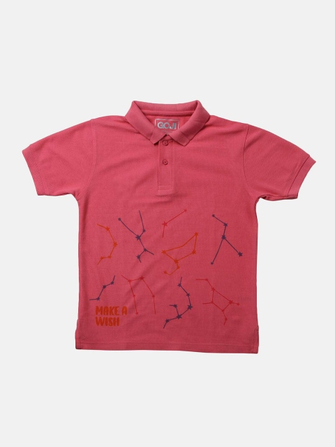 

GOJI Boys Pink Typography Printed Mandarin Collar Applique T-shirt