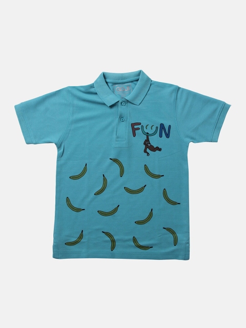 

GOJI Boys Sea Green & black Typography Printed Polo Collar Applique T-shirt