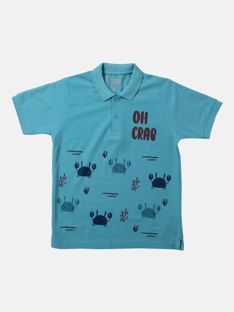 

GOJI Boys Sea Green & space cadet Typography Printed Polo Collar Applique T-shirt
