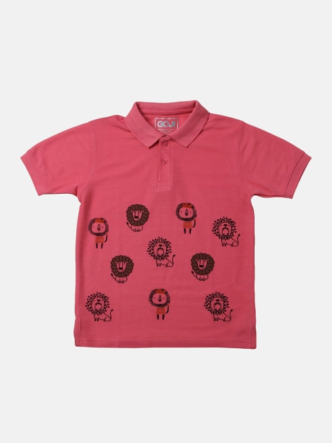

GOJI Boys Pink Printed Polo Collar Applique T-shirt