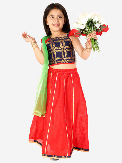 

KID1 Girls Navy Blue & Red Embellished Ready to Wear Lehenga & Blouse With Dupatta