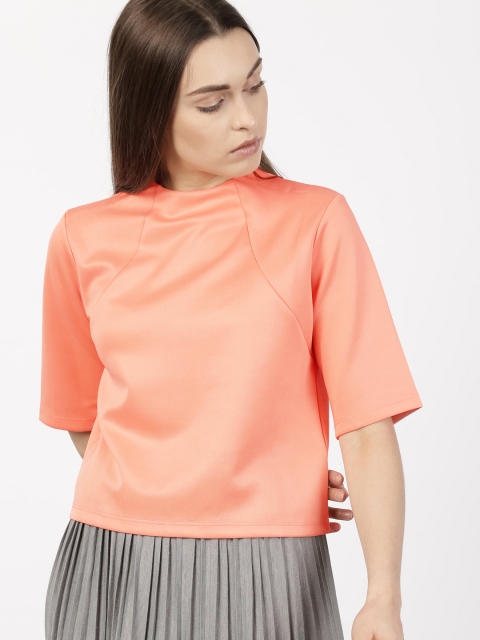 

ether Women Peach-Coloured Solid Round Neck T-shirt