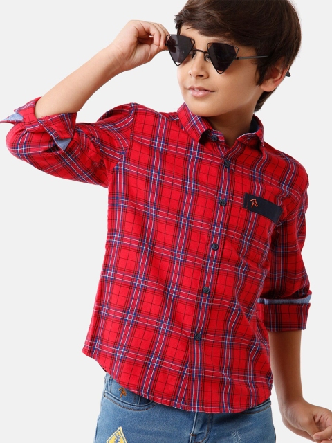 

CP BRO Boys Red Standard Slim Fit Tartan Checks Checked Casual Shirt