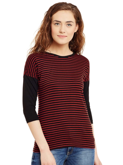 

Hypernation Women Red & Black Striped Slim Round Neck T-shirt