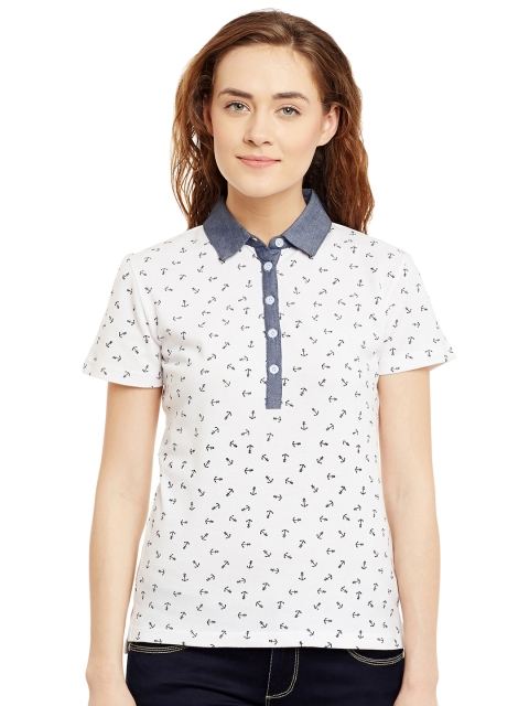

Hypernation Women White Printed Slim Fit Polo T-shirt