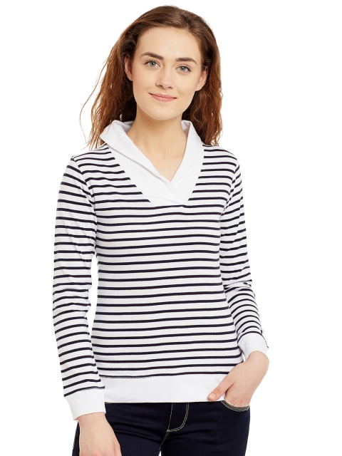 

Hypernation Women White & Navy Striped Slim Shawl Collar T-shirt