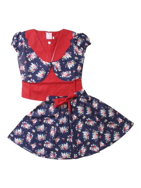 

Enfance Girls Navy Blue & Red Printed Top with Skirt
