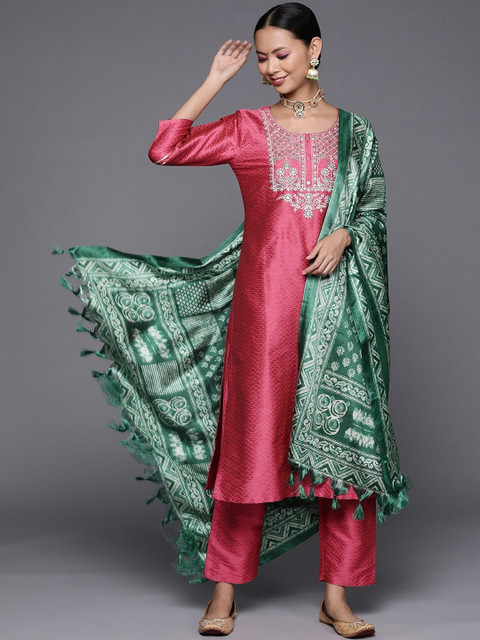 

Varanga Women Pink Yoke Design Panelled Kurta with Trousers & With Dupatta