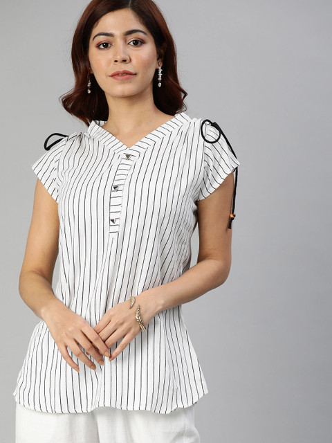 

SHAVYA White & Black Striped Embellished Tunic
