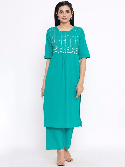 

Saart Bunaai Women Turquoise Blue Yoke Design Layered Pure Cotton Kurti with Skirt
