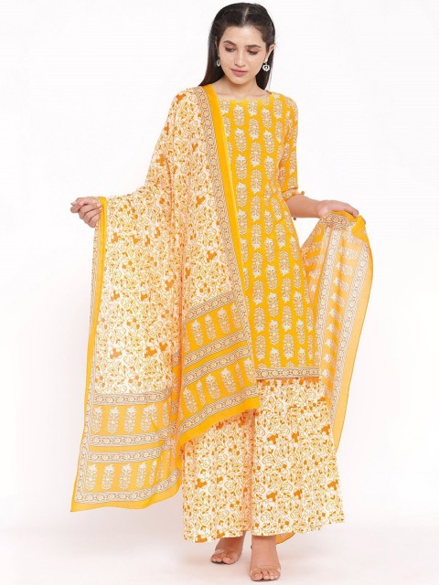

Saart Bunaai Women Yellow Ethnic Motifs Printed Empire Pure Cotton Kurta with Skirt & With Dupatta